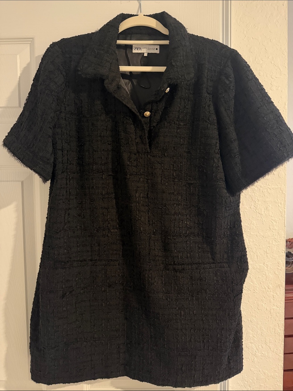 Zara Black Textured Short-Sleeve Collared Tunic